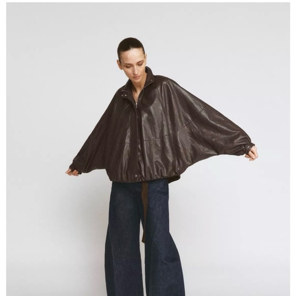 Zara Women's Brown Leather Bomber Jacket - Picture 2 of 8